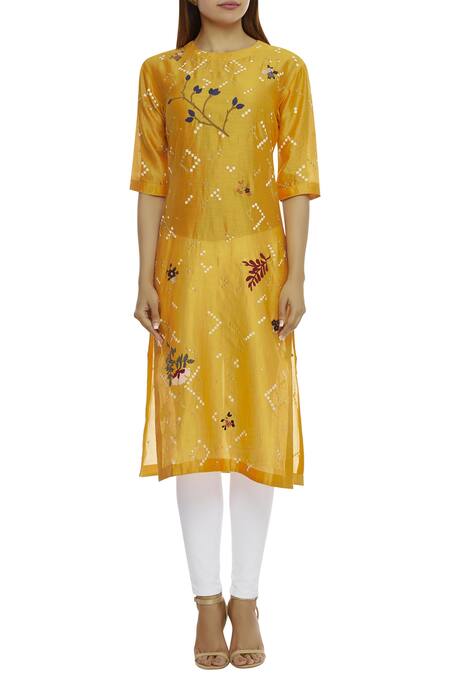 Shop_Sahil Kochhar_Yellow Chanderi Round Embroidered Kurta _Online_at_Aza_Fashions
