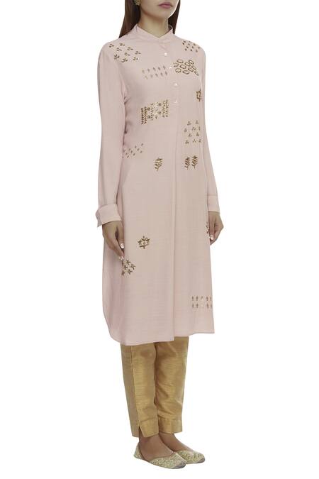 Sahil Kochhar_Pink Viscose Crepe Stand Collar Embellished Kurta _Online_at_Aza_Fashions