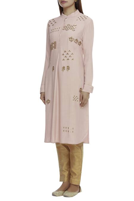 Buy_Sahil Kochhar_Pink Viscose Crepe Stand Collar Embellished Kurta _Online_at_Aza_Fashions