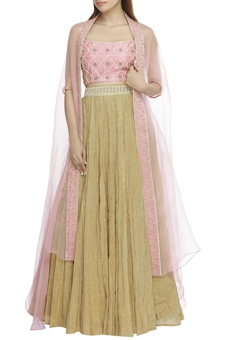 Tisha Saksena Pink Chanderi Silk Square Neck Embellished Jacket Lehenga Set 