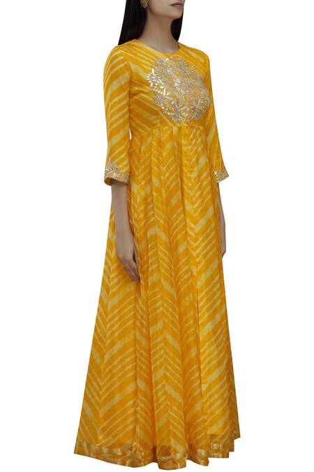 Samyukta Singhania_Yellow Silk Leheriya Anarkali Kurta_Online_at_Aza_Fashions