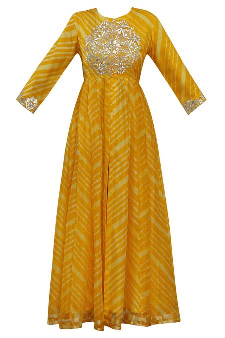 Shop_Samyukta Singhania_Yellow Silk Leheriya Anarkali Kurta_Online_at_Aza_Fashions