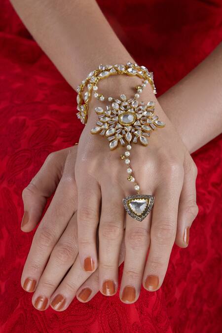 Nepra By Neha Goel_Gold Plated Kundan Floral Haathphool_Online_at_Aza_Fashions