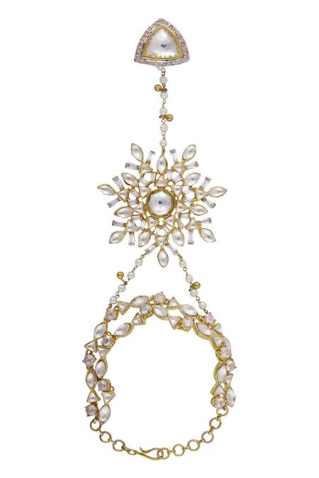Buy_Nepra By Neha Goel_Gold Plated Kundan Floral Haathphool_Online_at_Aza_Fashions