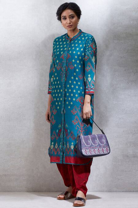 Buy_Ritu Kumar_Blue Silk Chanderi Band Collar Printed Kurta_Online_at_Aza_Fashions