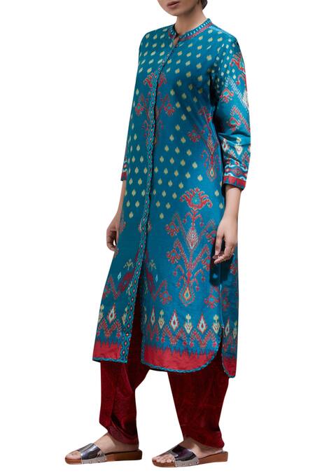 Shop_Ritu Kumar_Blue Silk Chanderi Band Collar Printed Kurta_Online_at_Aza_Fashions