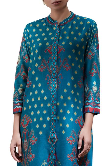Ritu Kumar_Blue Silk Chanderi Band Collar Printed Kurta_at_Aza_Fashions