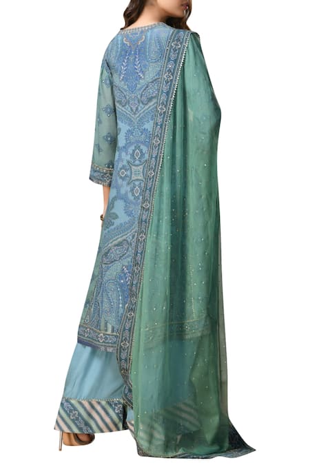 Shop RI.Ritu Kumar Blue Silk Chinon Notch Neck Hand Embroidered Kurta Set at Aza Fashions Shop_RI.Ritu Kumar_Blue Silk Chinon Notch Neck Hand Embroidered Kurta Set _at_Aza_Fashions