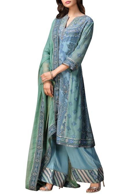 RI.Ritu Kumar Blue Silk Chinon Notch Neck Hand Embroidered Kurta Set Online at Aza Fashions RI.Ritu Kumar_Blue Silk Chinon Notch Neck Hand Embroidered Kurta Set _Online_at_Aza_Fashions