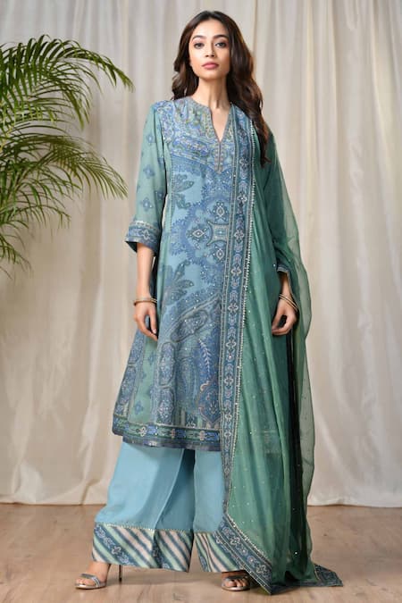Buy RI.Ritu Kumar Blue Silk Chinon Notch Neck Hand Embroidered Kurta Set Online at Aza Fashions Buy_RI.Ritu Kumar_Blue Silk Chinon Notch Neck Hand Embroidered Kurta Set _Online_at_Aza_Fashions