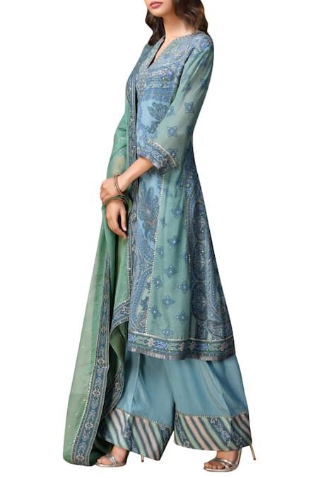 Shop RI.Ritu Kumar Blue Silk Chinon Notch Neck Hand Embroidered Kurta Set Online at Aza Fashions Shop_RI.Ritu Kumar_Blue Silk Chinon Notch Neck Hand Embroidered Kurta Set _Online_at_Aza_Fashions