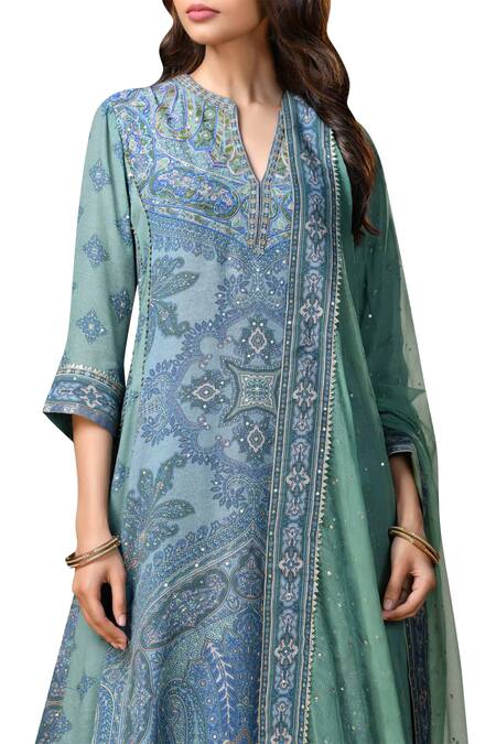 RI.Ritu Kumar Blue Silk Chinon Notch Neck Hand Embroidered Kurta Set at Aza Fashions RI.Ritu Kumar_Blue Silk Chinon Notch Neck Hand Embroidered Kurta Set _at_Aza_Fashions