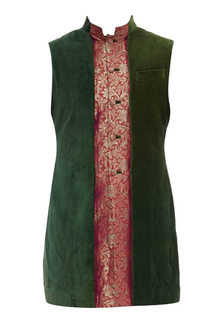 Buy Gaurav Katta Green Cotton Velvet, Kim Khaab Banarasi Nehru Jacket Online at Aza Fashions Buy_Gaurav Katta_Green Cotton Velvet, Kim Khaab Banarasi Nehru Jacket _Online_at_Aza_Fashions