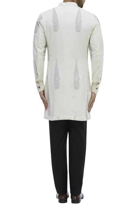 Shop Gaurav Katta White Cotton Canvas Handblock Print Sherwani at Aza Fashions Shop_Gaurav Katta_White Cotton Canvas Handblock Print Sherwani_at_Aza_Fashions