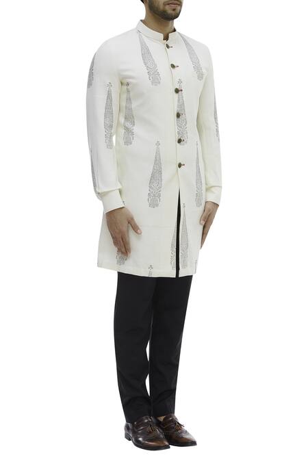 Gaurav Katta White Cotton Canvas Handblock Print Sherwani Online at Aza Fashions Gaurav Katta_White Cotton Canvas Handblock Print Sherwani_Online_at_Aza_Fashions