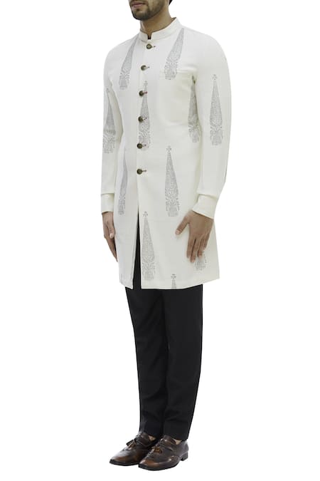 Buy Gaurav Katta White Cotton Canvas Handblock Print Sherwani Online at Aza Fashions Buy_Gaurav Katta_White Cotton Canvas Handblock Print Sherwani_Online_at_Aza_Fashions