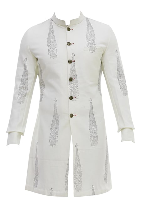 Shop Gaurav Katta White Cotton Canvas Handblock Print Sherwani Online at Aza Fashions Shop_Gaurav Katta_White Cotton Canvas Handblock Print Sherwani_Online_at_Aza_Fashions