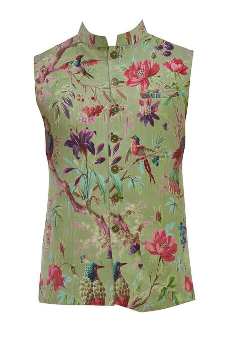 Buy Gaurav Katta Green Cotton Printed Bundi Online at Aza Fashions Buy_Gaurav Katta_Green Cotton Printed Bundi _Online_at_Aza_Fashions