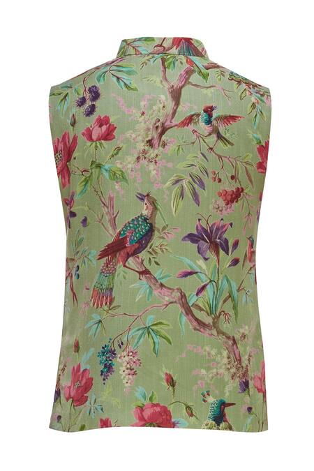 Shop Gaurav Katta Green Cotton Printed Bundi Online at Aza Fashions Shop_Gaurav Katta_Green Cotton Printed Bundi _Online_at_Aza_Fashions