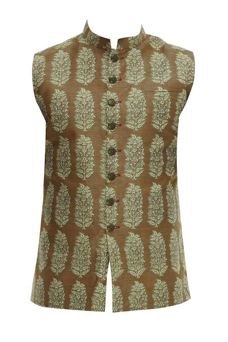 Buy Gaurav Katta Brown Chanderi Printed Bundi Online at Aza Fashions Buy_Gaurav Katta_Brown Chanderi Printed Bundi _Online_at_Aza_Fashions