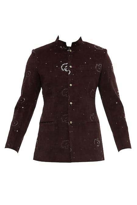 Shop_Gaurav Katta_Wine Corduroy Embellished Bandhgala_Online_at_Aza_Fashions