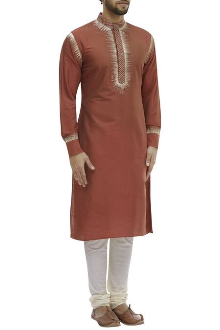 Gaurav Katta Red Cotton Silk Embroidered Kurta Online at Aza Fashions Gaurav Katta_Red Cotton Silk Embroidered Kurta _Online_at_Aza_Fashions