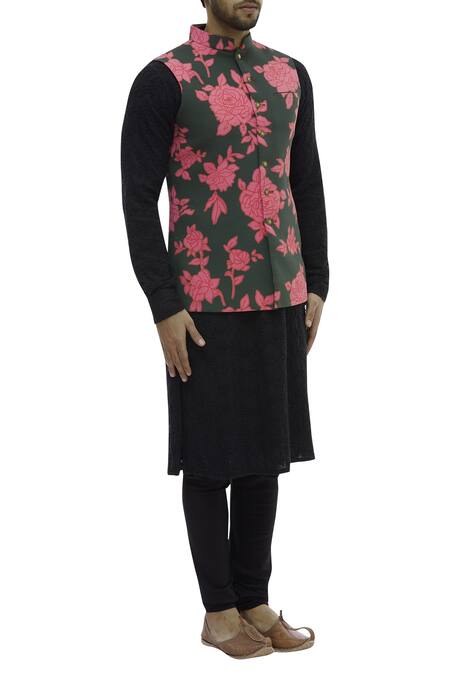 Gaurav Katta Green Cotton Canvas Floral Print Bundi Online at Aza Fashions Gaurav Katta_Green Cotton Canvas Floral Print Bundi _Online_at_Aza_Fashions