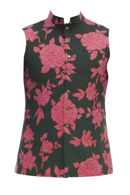 Buy Gaurav Katta Green Cotton Canvas Floral Print Bundi Online at Aza Fashions Buy_Gaurav Katta_Green Cotton Canvas Floral Print Bundi _Online_at_Aza_Fashions