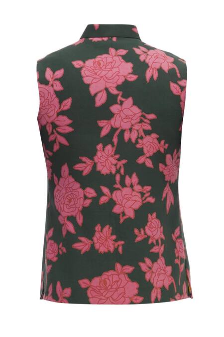 Shop Gaurav Katta Green Cotton Canvas Floral Print Bundi Online at Aza Fashions Shop_Gaurav Katta_Green Cotton Canvas Floral Print Bundi _Online_at_Aza_Fashions