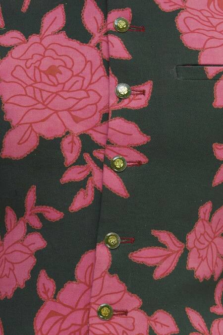 Gaurav Katta Green Cotton Canvas Floral Print Bundi at Aza Fashions Gaurav Katta_Green Cotton Canvas Floral Print Bundi _at_Aza_Fashions