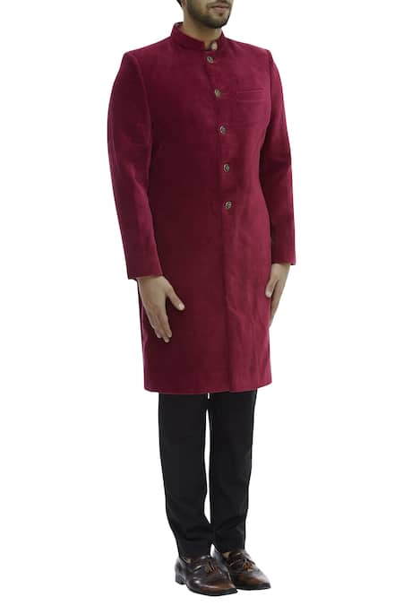 Gaurav Katta_Red Cotton Velvet Sherwani _Online_at_Aza_Fashions