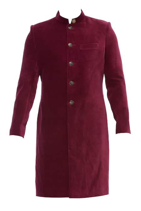 Shop_Gaurav Katta_Red Cotton Velvet Sherwani _Online_at_Aza_Fashions