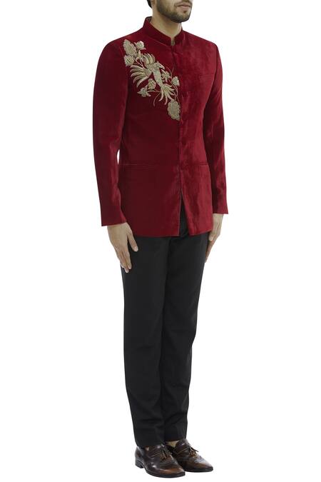 Gaurav Katta Red Velvet Embroidered Bandhgala Online at Aza Fashions Gaurav Katta_Red Velvet Embroidered Bandhgala _Online_at_Aza_Fashions