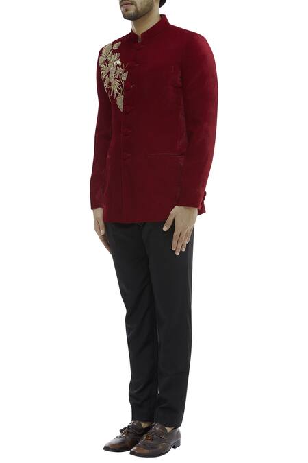 Buy Gaurav Katta Red Velvet Embroidered Bandhgala Online at Aza Fashions Buy_Gaurav Katta_Red Velvet Embroidered Bandhgala _Online_at_Aza_Fashions
