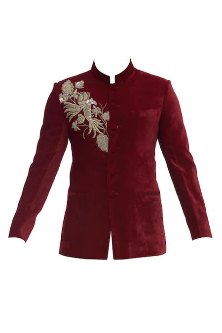 Shop Gaurav Katta Red Velvet Embroidered Bandhgala Online at Aza Fashions Shop_Gaurav Katta_Red Velvet Embroidered Bandhgala _Online_at_Aza_Fashions
