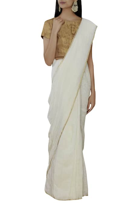 Anavila White Handloom Linen Saree