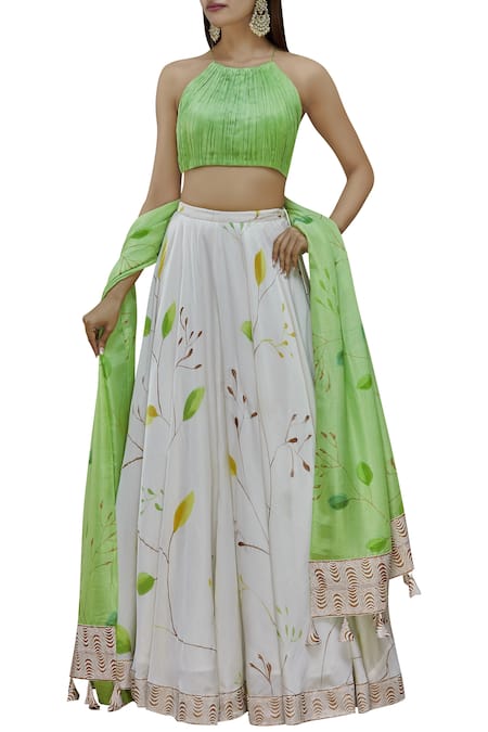 Vedika M Green Silk Halter Neck Floral Print Lehenga Set 