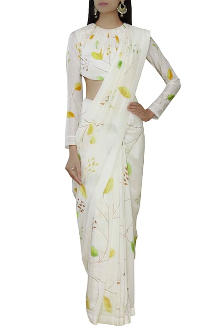 Buy_Vedika M_White Silk High Neck Printed Saree With Blouse_Online_at_Aza_Fashions