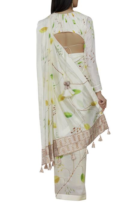 Shop_Vedika M_White Silk High Neck Printed Saree With Blouse_at_Aza_Fashions