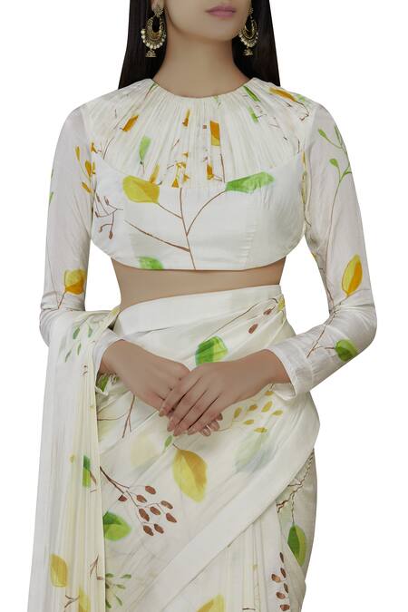 Shop_Vedika M_White Silk High Neck Printed Saree With Blouse_Online_at_Aza_Fashions