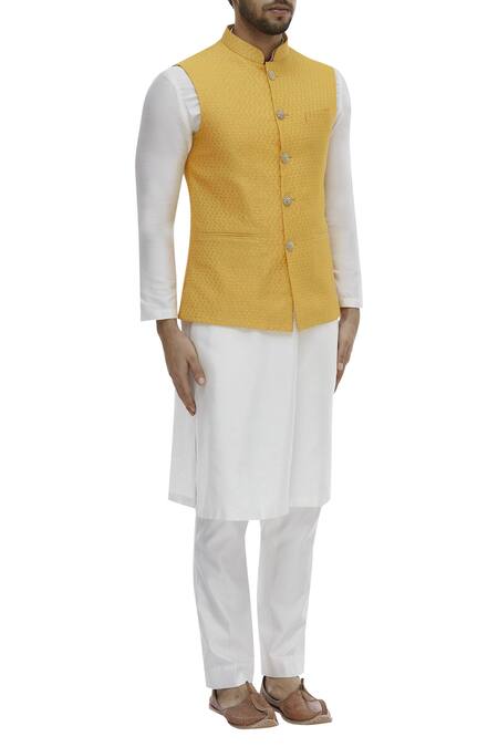 Chatenya Mittal_Yellow Chanderi Embroidery Nehru Jacket For Kids_Online_at_Aza_Fashions