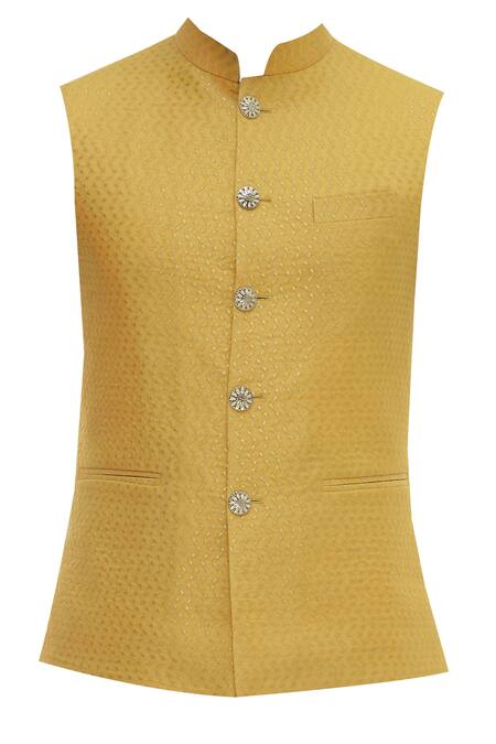 Buy_Chatenya Mittal_Yellow Chanderi Embroidery Nehru Jacket For Kids_Online_at_Aza_Fashions