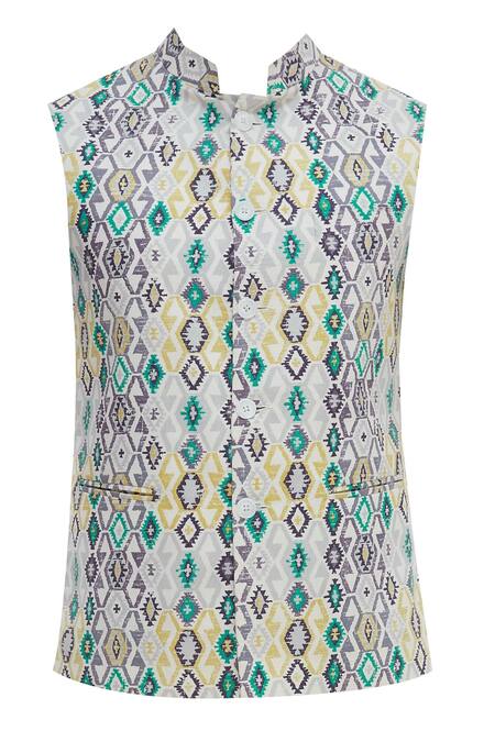 Buy_Chatenya Mittal_Multi Color Cotton Geometric Print Nehru Jacket For Kids_Online_at_Aza_Fashions