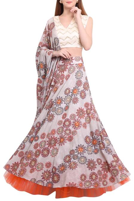 Natasha J Grey Cotton V Neck Printed Lehenga Set Online at Aza Fashions Natasha J_Grey Cotton V Neck Printed Lehenga Set_Online_at_Aza_Fashions
