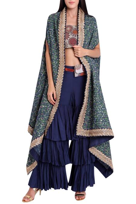 Natasha J_Blue Raw Silk Block Print Jacket Sharara Set _Online_at_Aza_Fashions