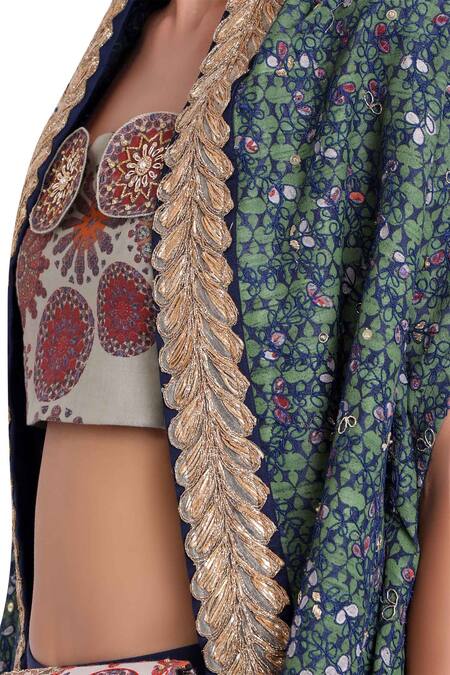 Buy_Natasha J_Blue Raw Silk Block Print Jacket Sharara Set _Online_at_Aza_Fashions