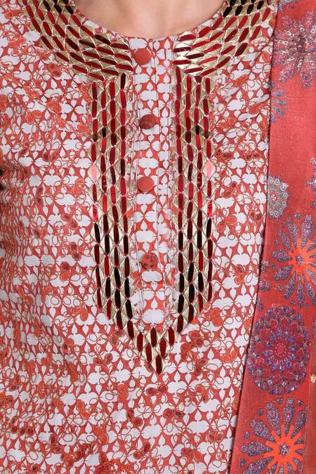 Shop_Natasha J_Grey Cotton Satin Round Neck Block Print Kurta Sharara Set _Online_at_Aza_Fashions