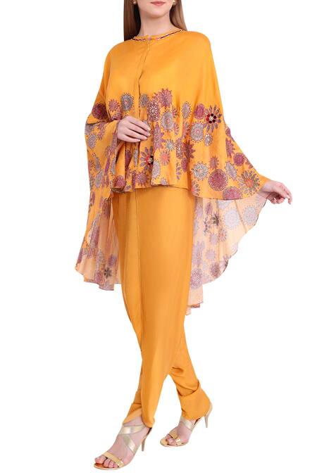 Natasha J_Yellow Chanderi Round Neck Cape With Dhoti Pants _Online_at_Aza_Fashions
