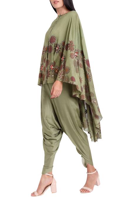 Natasha J_Green Chanderi Round Neck Cape With Dhoti Pants _Online_at_Aza_Fashions