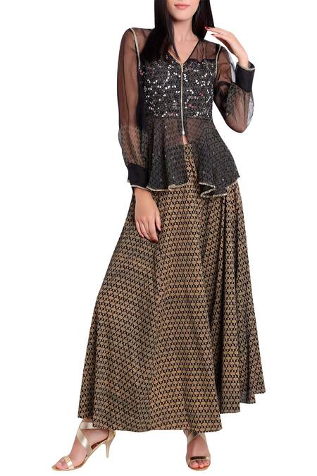 Buy_Natasha J_Beige Organza V Neck Block Print Peplum Top With Pants _Online_at_Aza_Fashions